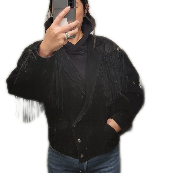 Vintage 80s fringe suede leather crop moto jacket black small medium - Picture 13 of 16